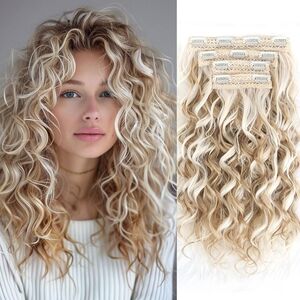 Curly Clip-In Hair Extensions 16” • Gold Blonde + Beige Highlights • 4PCS‎